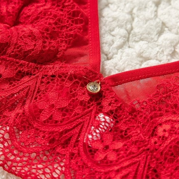 RED Strappy Lace Bralette High Waist Lace Up Panty - Picture 10 of 16